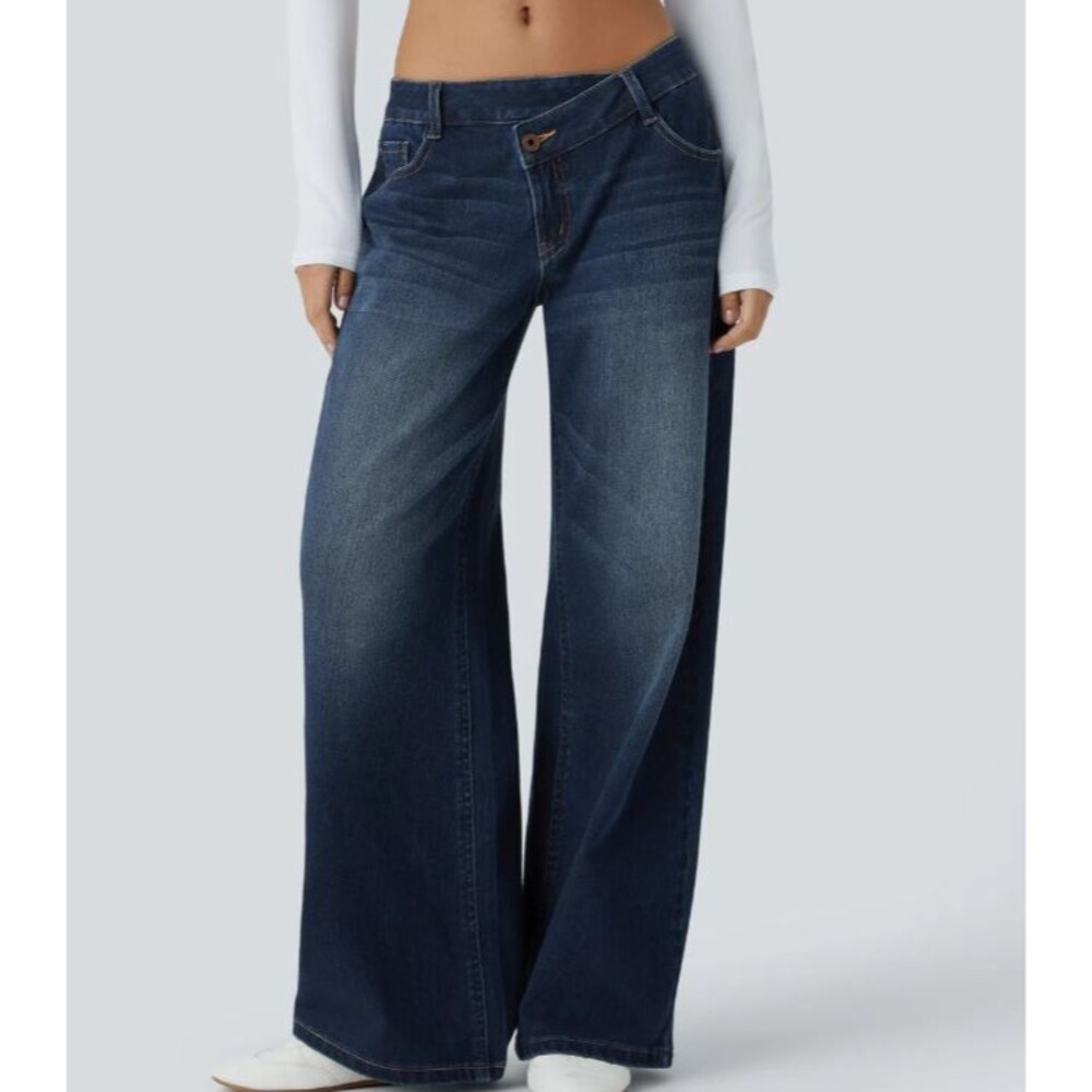 Halara Flex Asymmetric Waist Mutli Pocket Strechy Baggy Wide Leg Jeans Sz Large